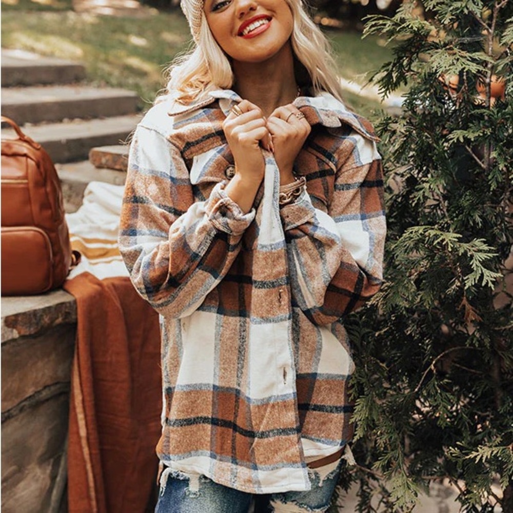 Plaids shacket women oversized jacket cardigan shirt button front